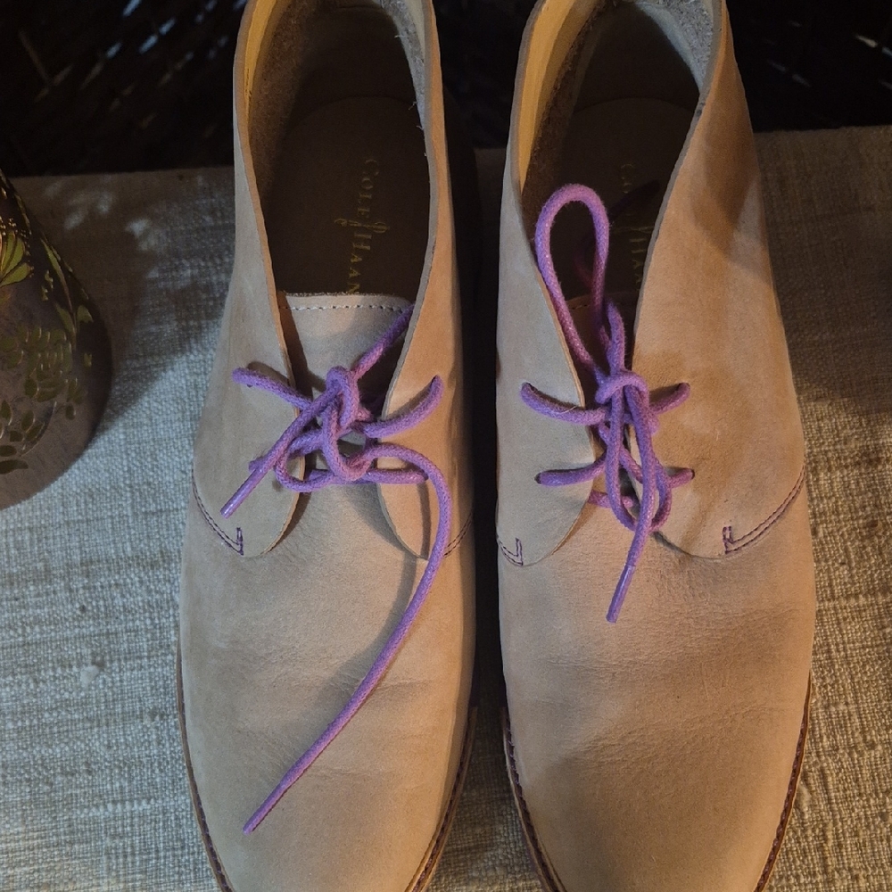 Cole Haan Tan Ankle Boots with Purple Laces
